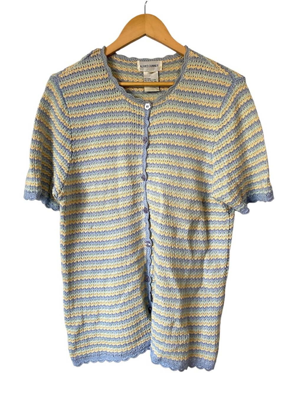 Vintage Alfred Dunner Pastel Striped Open Knit Cardigan Sweater Scalloped Trim M